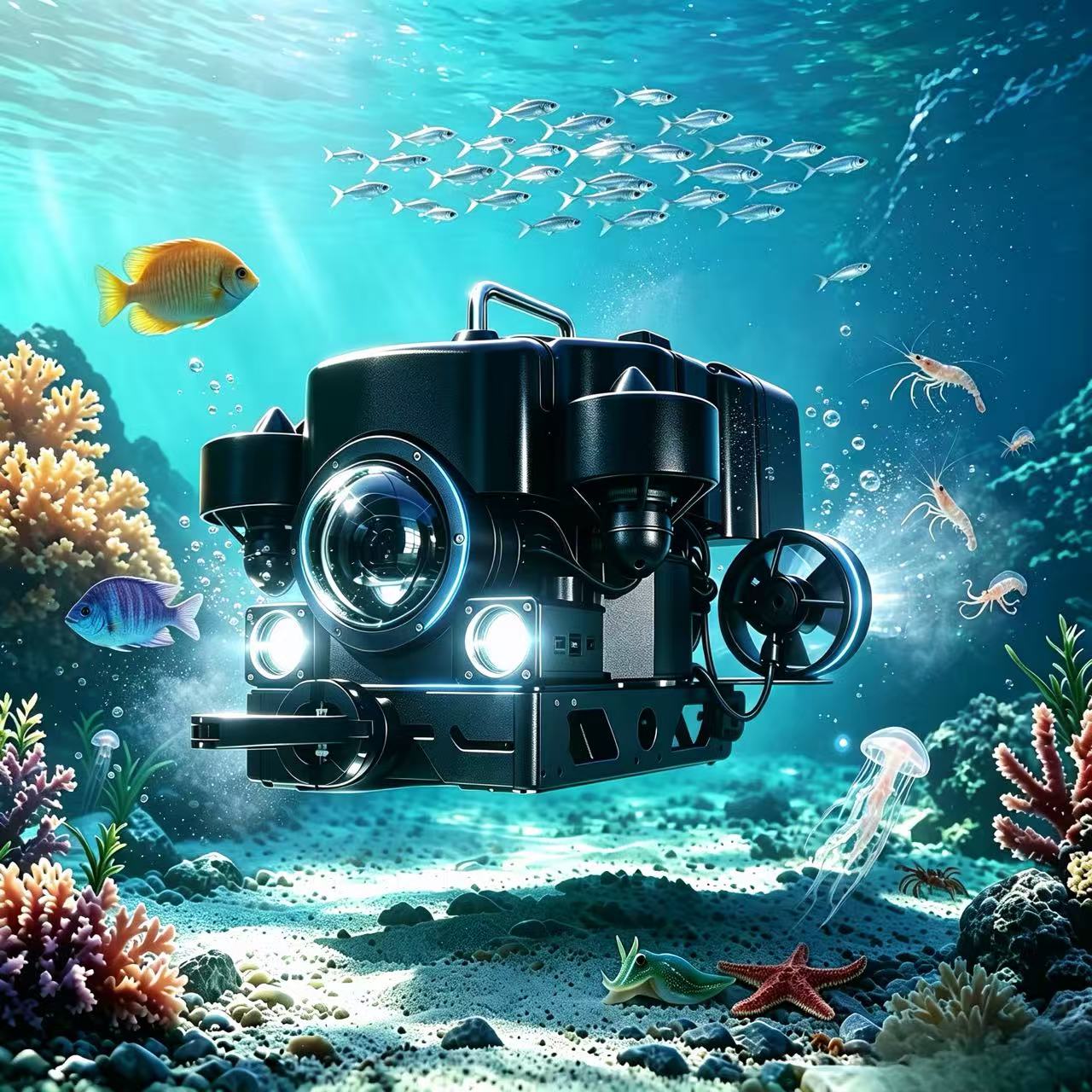 Underwater Camera - FD-Smart5T ROV：100m潜水深度、5つの油圧式推進装置、1080Pカメラ、2つの5000ルーメンのライトを搭載。産業用および水産養殖の検査に最適。